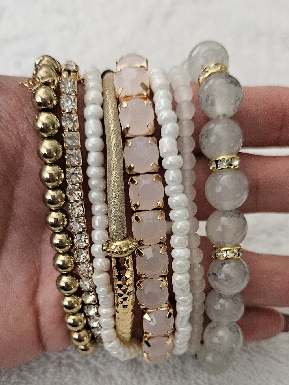 Amazon Gold, White & Blush Beaded Bracelet Stack for Women